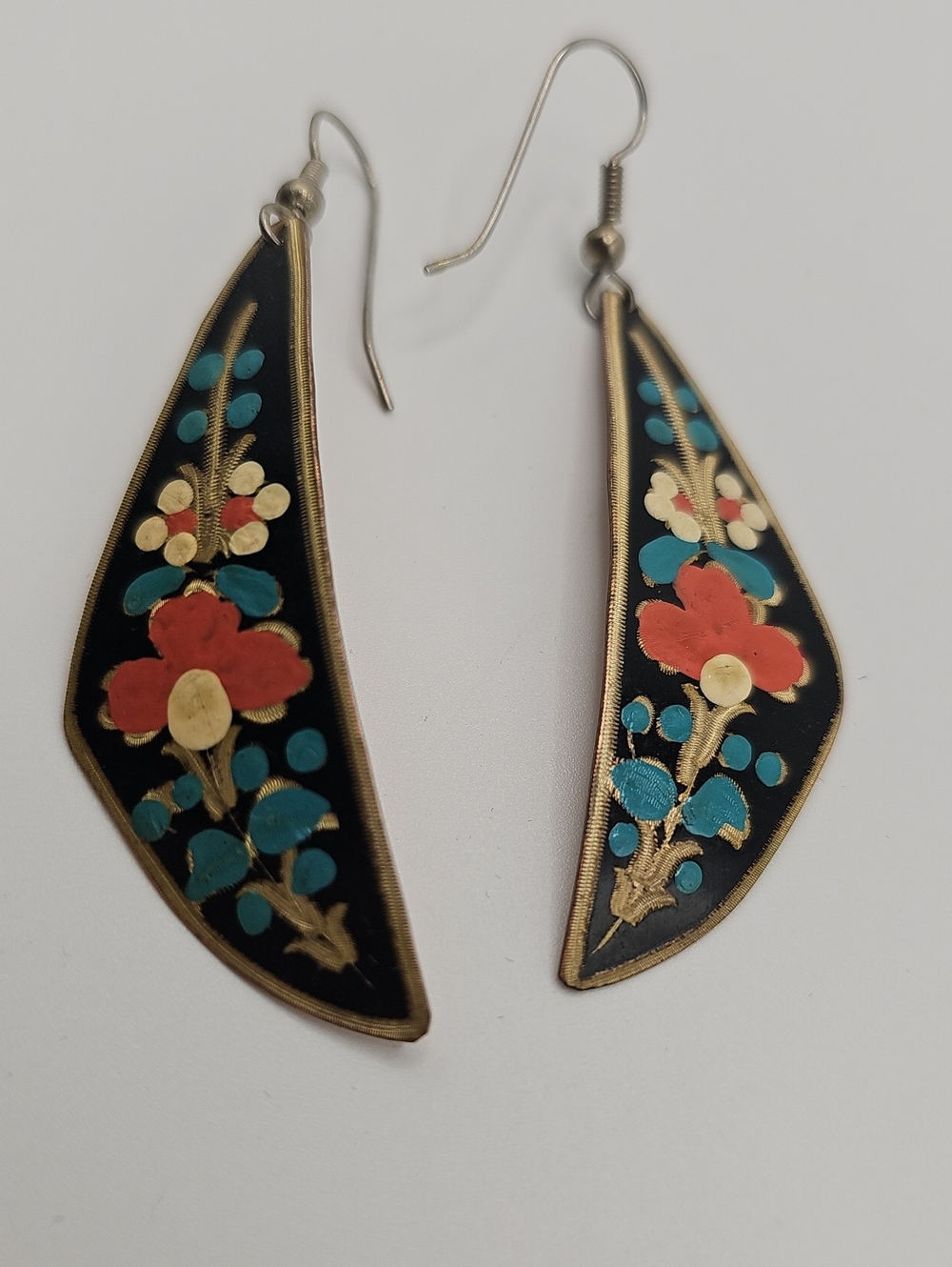Handcrafted Black Floral Enamel Copper  Dangle Earrings. Turkish